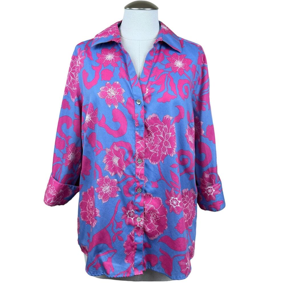 Women's Foxcroft Wrinkle Free Shaped Floral 3/4 Sleeve Cotton Casual Shirt sz 14